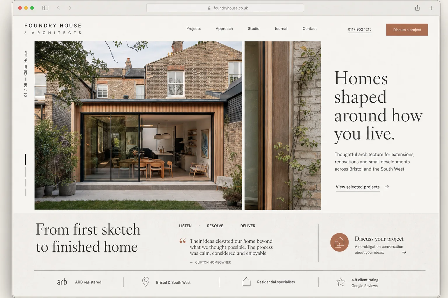 Bespoke website concept for Foundry House Architects, featuring an editorial layout, large residential project photography and a distinctive studio brand.