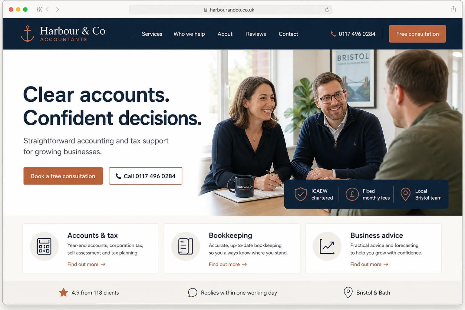 Template website concept for Harbour & Co Accountants, with consultation calls to action, service summaries and local trust signals.